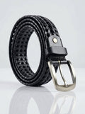 Avenia Leather Black Braided Leather Belt for Men - Woven Metal Buckle