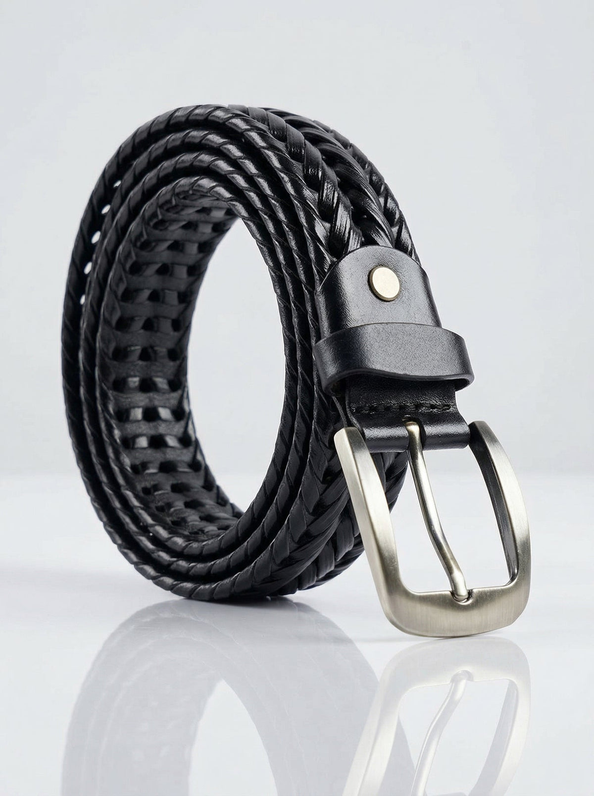 Avenia Leather Black Braided Leather Belt for Men - Woven Metal Buckle