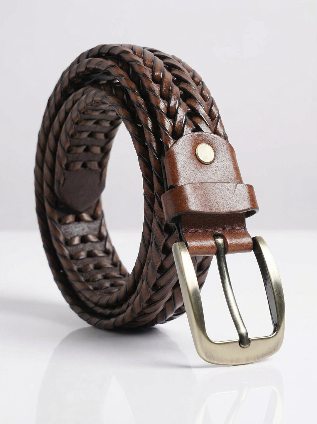 Avenia Leather Light Brown Braided Leather Belt for Men - Woven Buckle