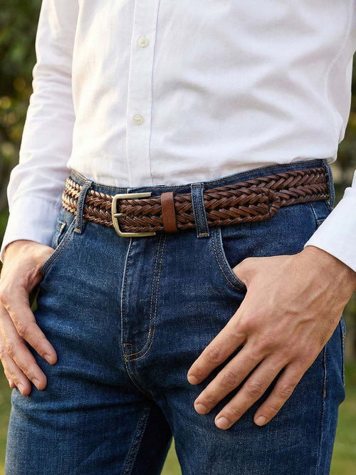 Avenia Leather Light Brown Braided Leather Belt for Men - Woven Buckle