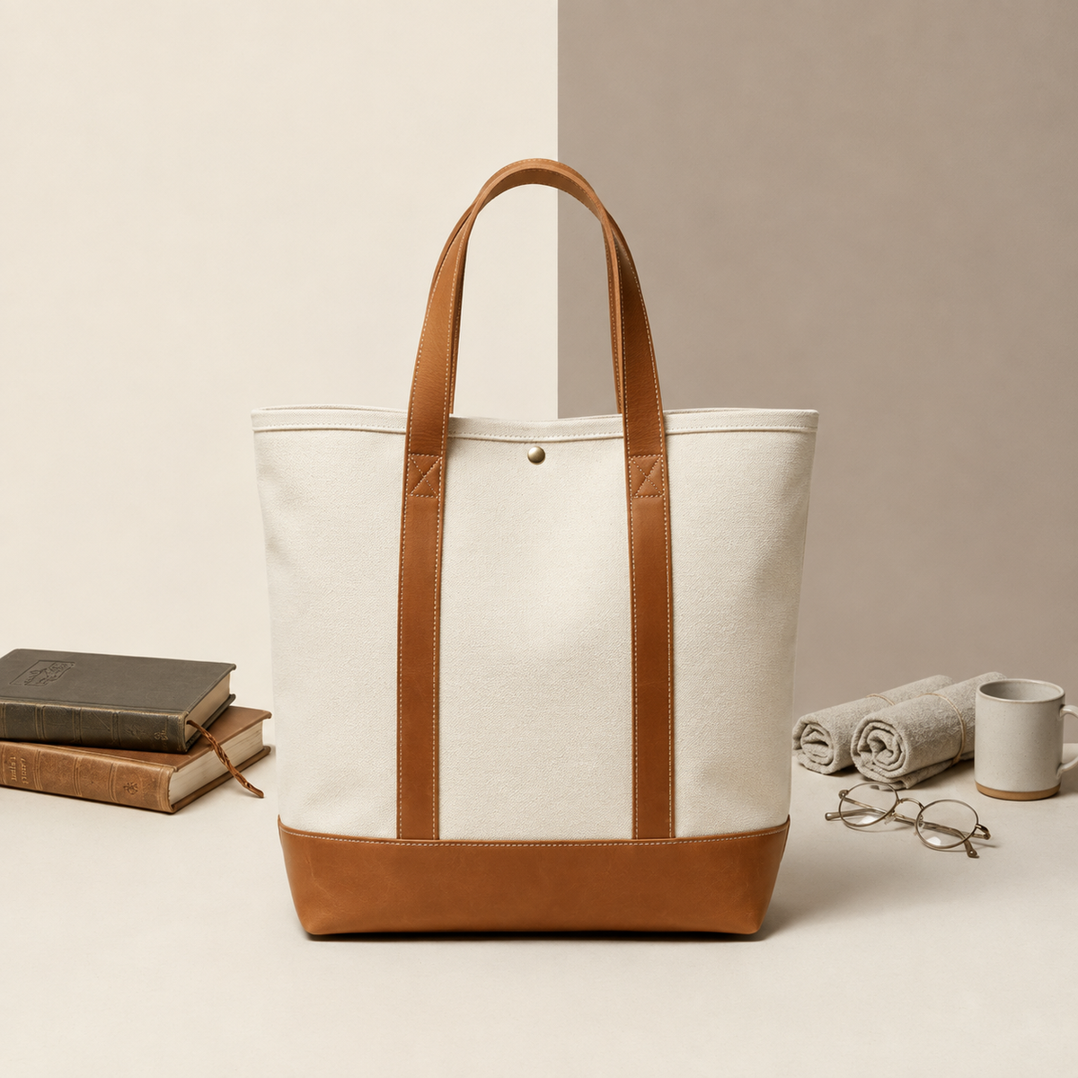 Canvas tote bag with leather handles